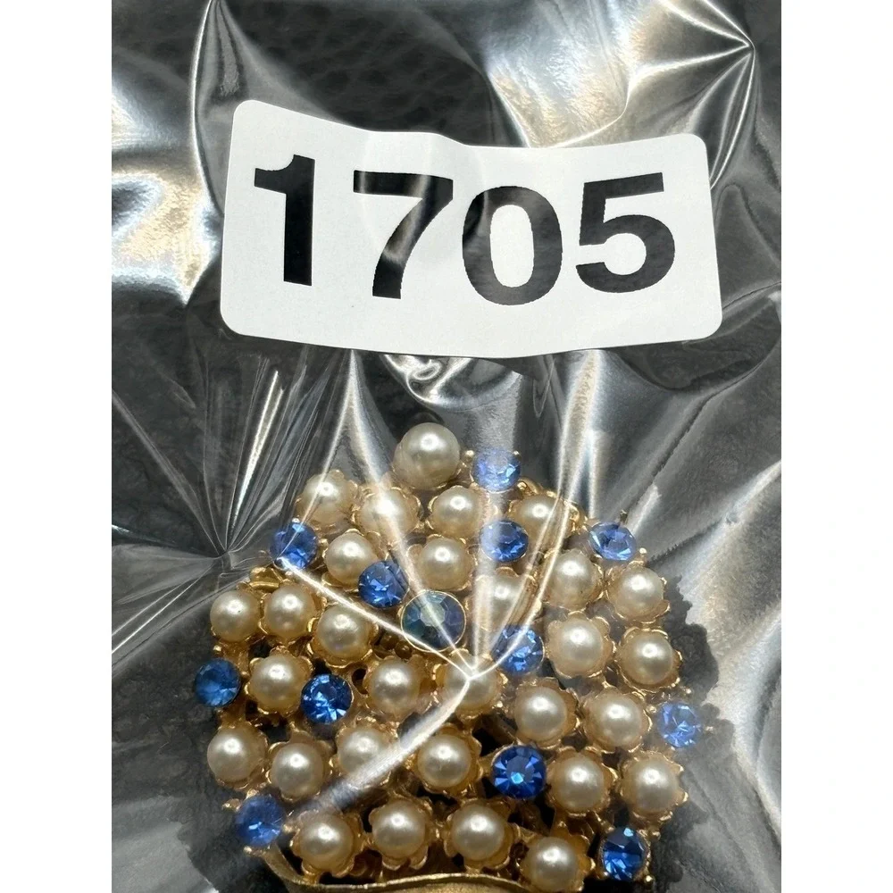 Vintage Gold Tone Blue Rhinestone Faux Pearl Brooch Pin Floral Statement